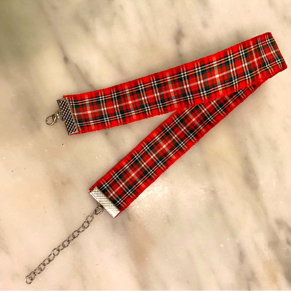 Red Tartan plaid Necklace Ribbon Coker